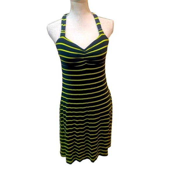Dakini halter twisted striped athletic dress bralette navy & chartreuse small - Picture 1 of 11